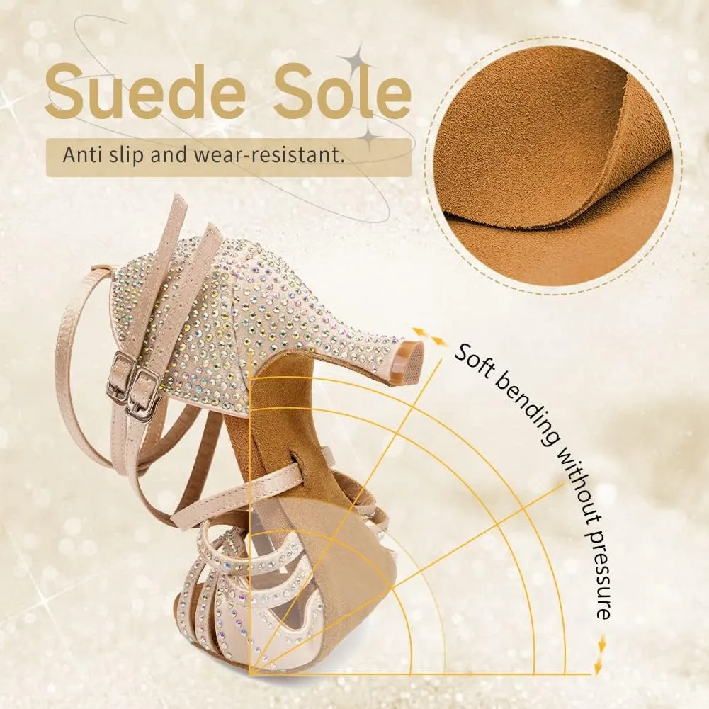 Women's Latin Dance Shoes Open Toe Rhinestones Salsa Bachata Performance Ballroom Dancing Shoes,Model YC-D27-Suede Sole-3” Heel