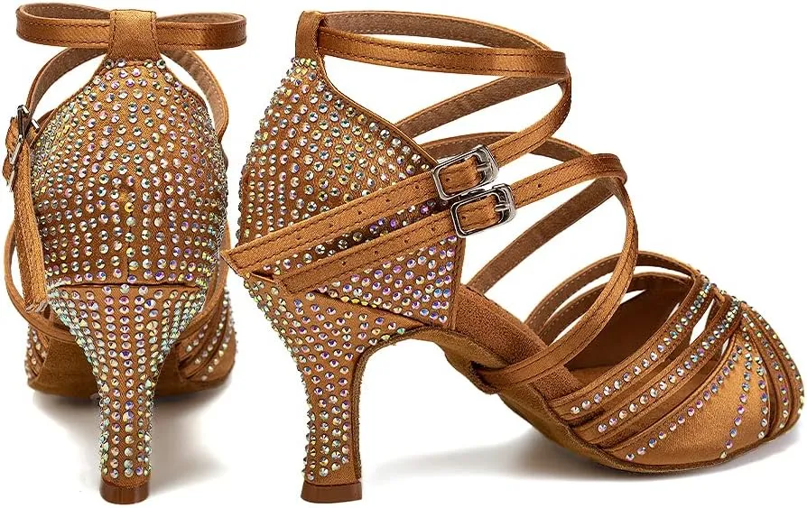 Women's Latin Dance Shoes Open Toe Rhinestones Salsa Bachata Performance Ballroom Dancing Shoes,Model YC-D27-Suede Sole-3” Heel