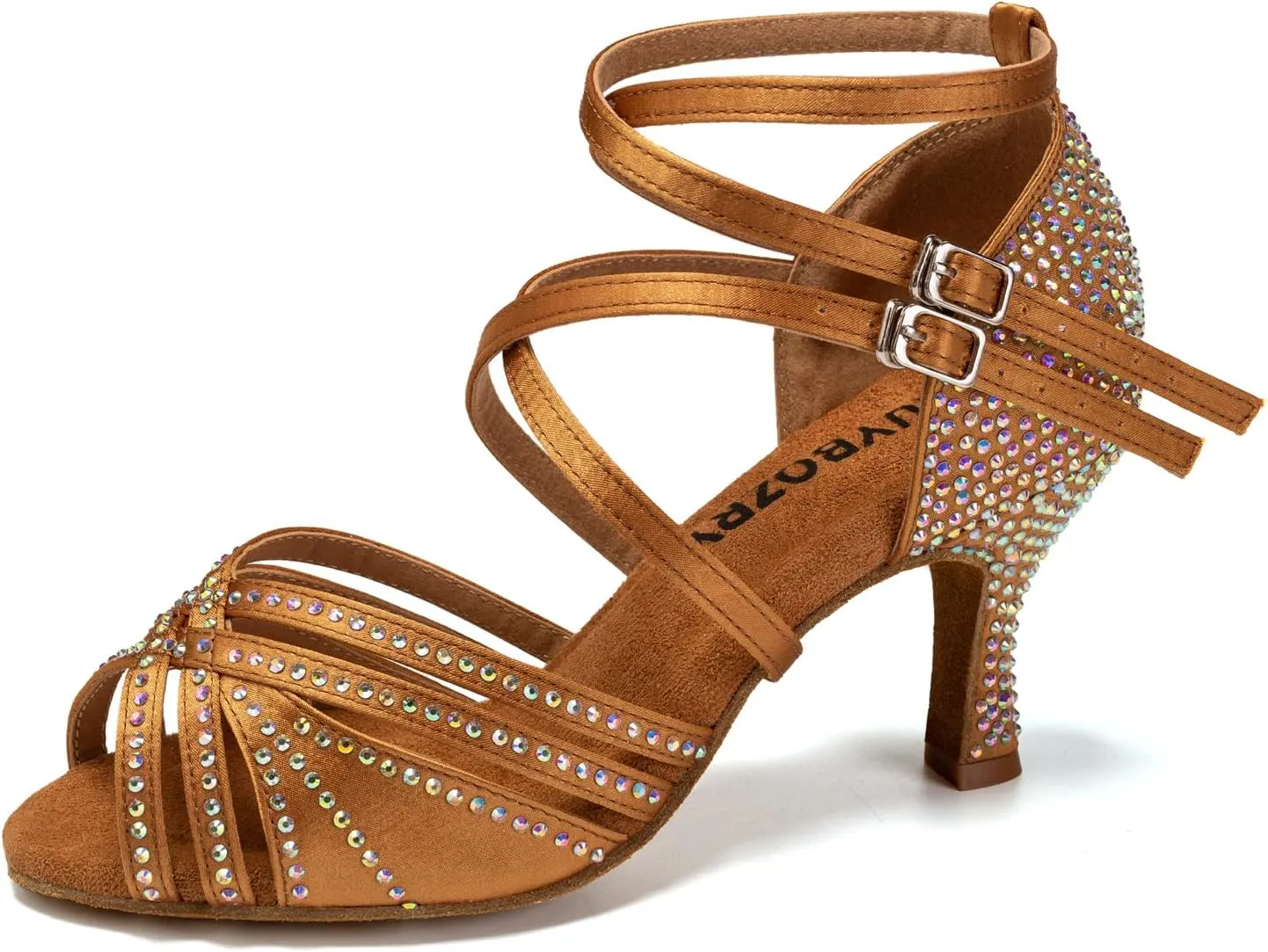 Women's Latin Dance Shoes Open Toe Rhinestones Salsa Bachata Performance Ballroom Dancing Shoes,Model YC-D27-Suede Sole-3” Heel