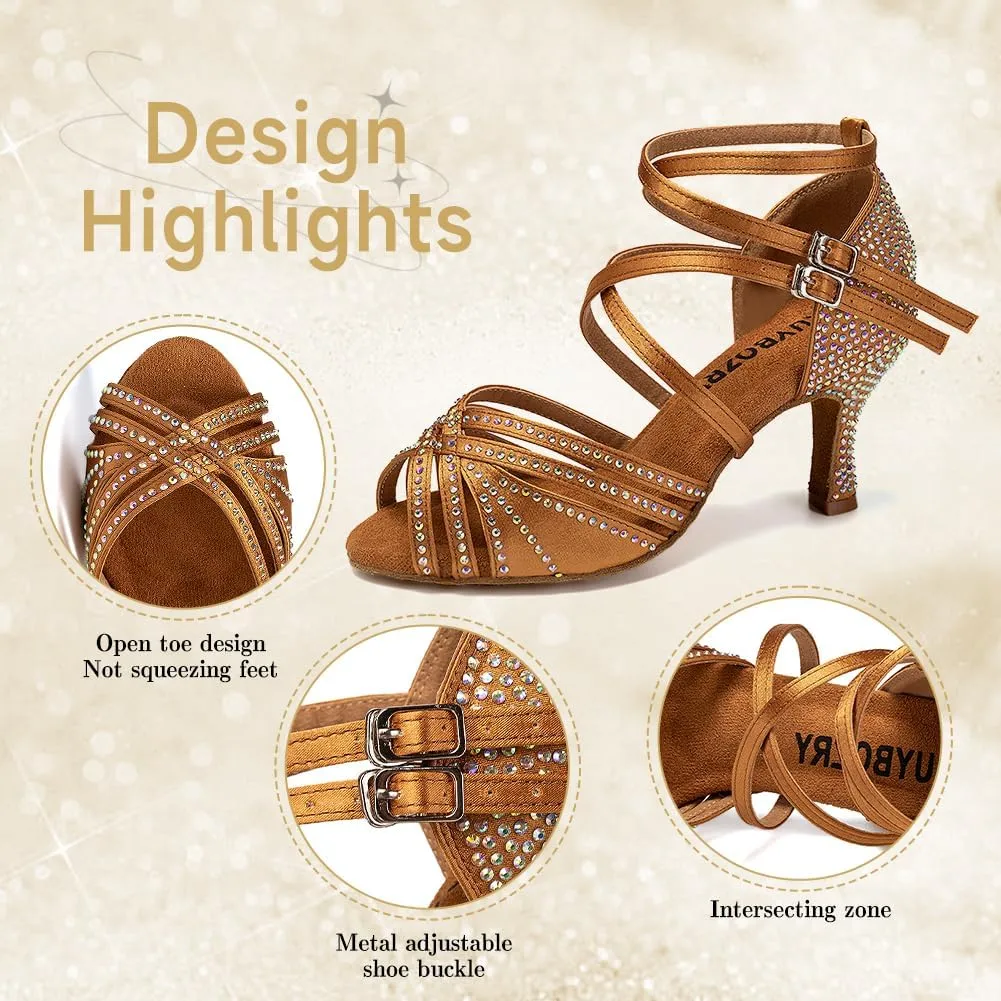 Women's Latin Dance Shoes Open Toe Rhinestones Salsa Bachata Performance Ballroom Dancing Shoes,Model YC-D27-Suede Sole-3” Heel