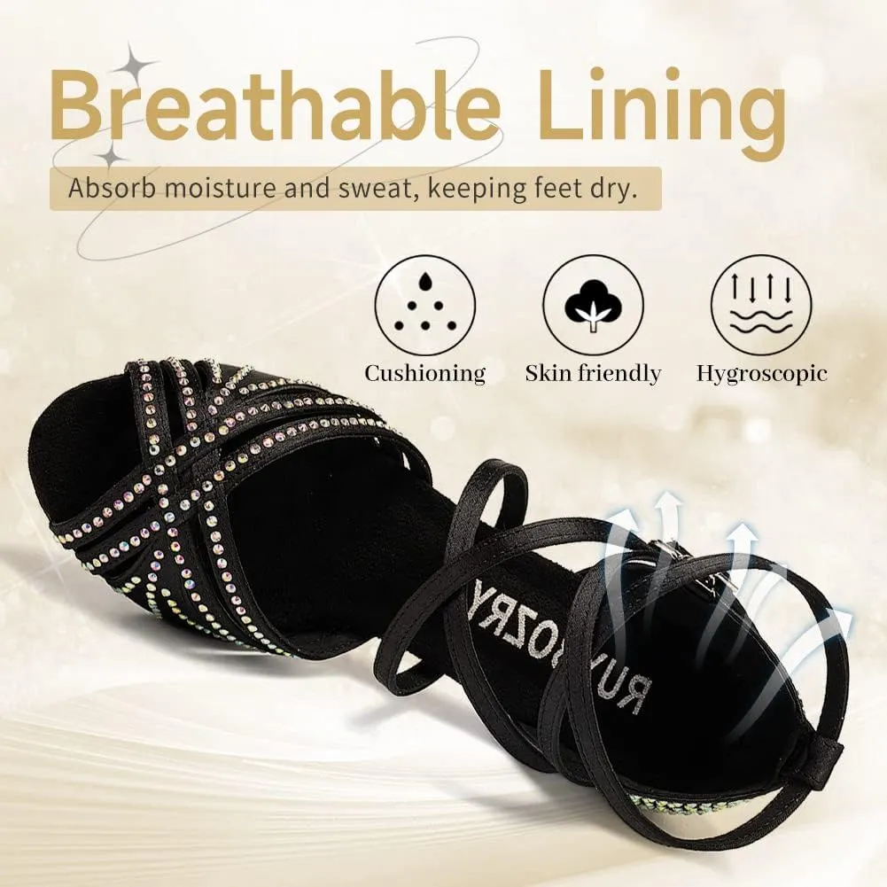 Women's Latin Dance Shoes Open Toe Rhinestones Salsa Bachata Performance Ballroom Dancing Shoes,Model YC-D27-Suede Sole-3” Heel