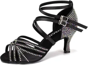 Women's Latin Dance Shoes Open Toe Rhinestones Salsa Bachata Performance Ballroom Dancing Shoes,Model YC-D27-Suede Sole-3” Heel