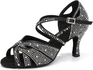Women's Latin Dance Shoes Rhinestones Satin Professional Bachata Performance Salsa Ballroom Dance Shoes,Model L388