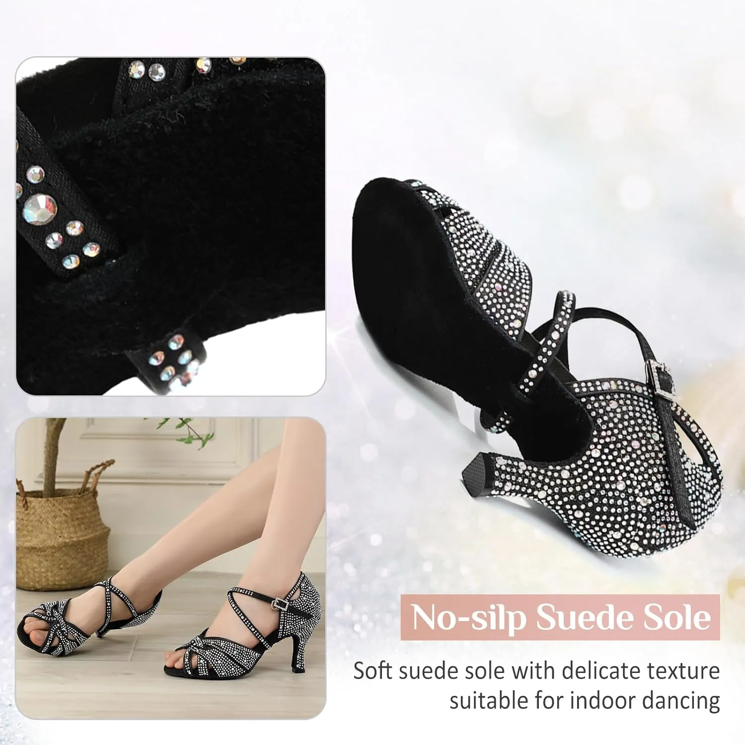 Women's Latin Dance Shoes Rhinestones Satin Professional Bachata Performance Salsa Ballroom Dance Shoes,Model L388