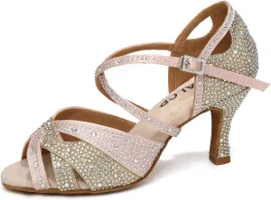 Women's Latin Dance Shoes Rhinestones Satin Professional Bachata Performance Salsa Ballroom Dance Shoes,Model L388