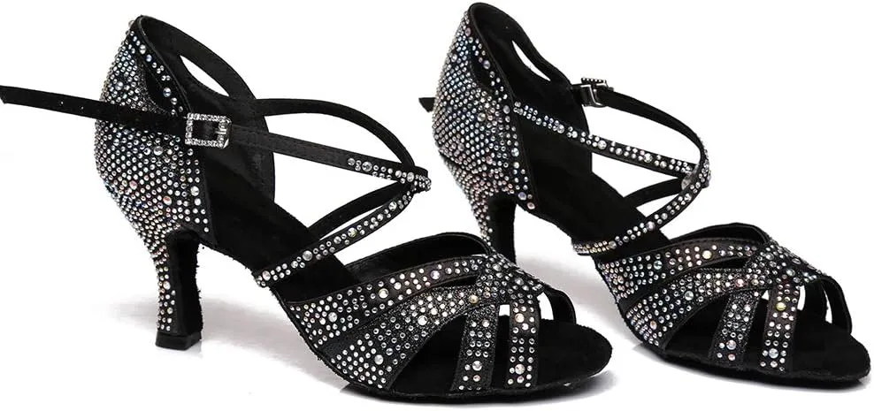 Women's Latin Dance Shoes Rhinestones Satin Professional Bachata Performance Salsa Ballroom Dance Shoes,Model L388