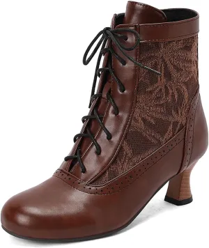 Women's Leather Lace up Victorian Kitten Heel Ankle Boots Comfortable Round Toe Embroidered Breathable Non Slip Vintage Booties for Party Prom Evening Witch Boots
