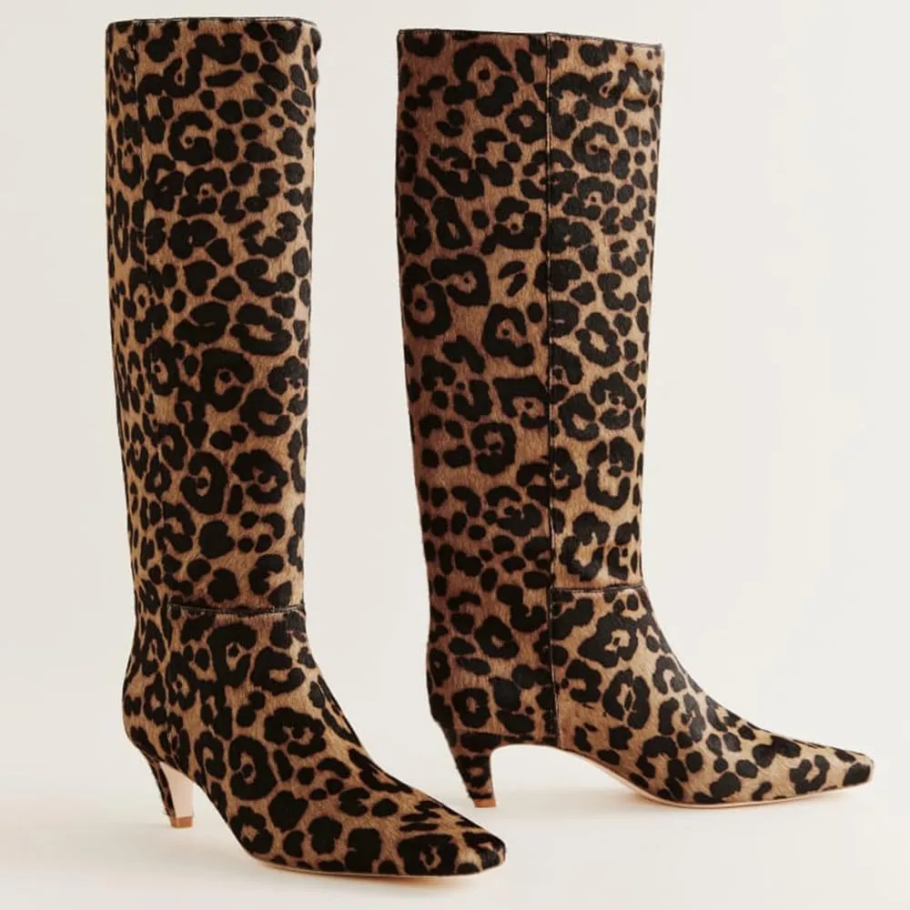 Women's Leopard Print Knee High Boots Square Toe Kitten Heel Pull-on Tall Boots Fashion Fall Boot