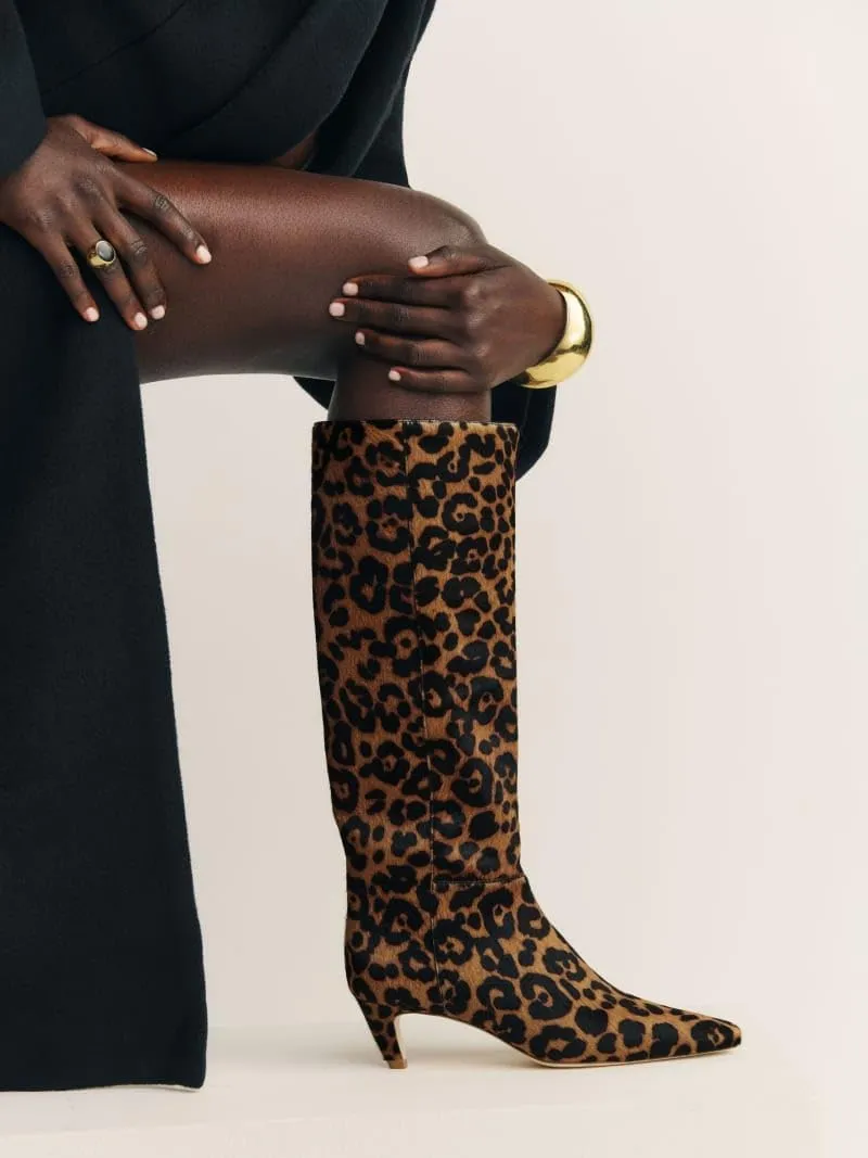 Women's Leopard Print Knee High Boots Square Toe Kitten Heel Pull-on Tall Boots Fashion Fall Boot