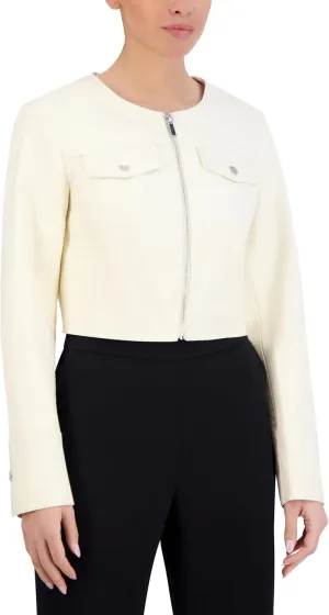 Women's Long Sleeve Round Neck Faux Leather Cropped Jacket
