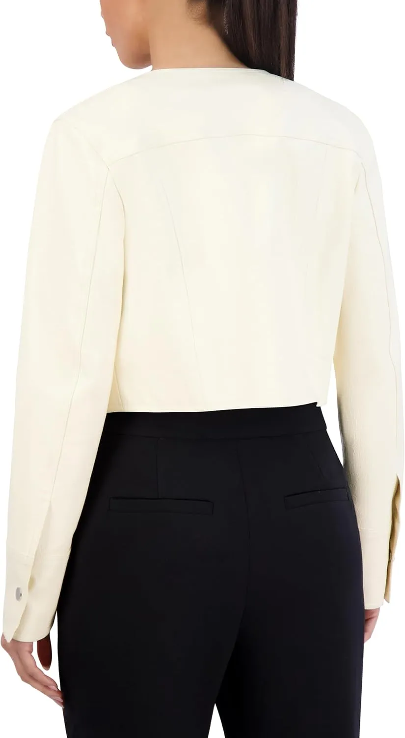 Women's Long Sleeve Round Neck Faux Leather Cropped Jacket