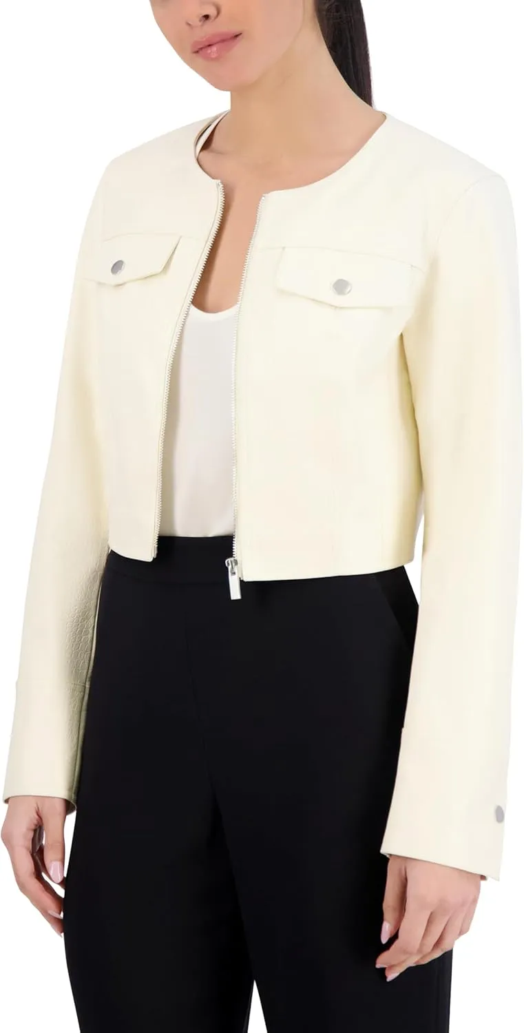 Women's Long Sleeve Round Neck Faux Leather Cropped Jacket