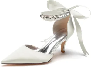 Women's Low Heel Wedding Shoes for Bride Pointed Toe Pearl Wedding Heels Bridal Shoes