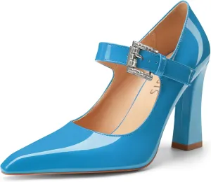 Women's Mary Janes Block Heeled Pumps Closed Pointed Toe White Chunky High Heels with Rhinestone Buckle Strap Elegant Bride Prom Dress Pointy Shoes for Ladies