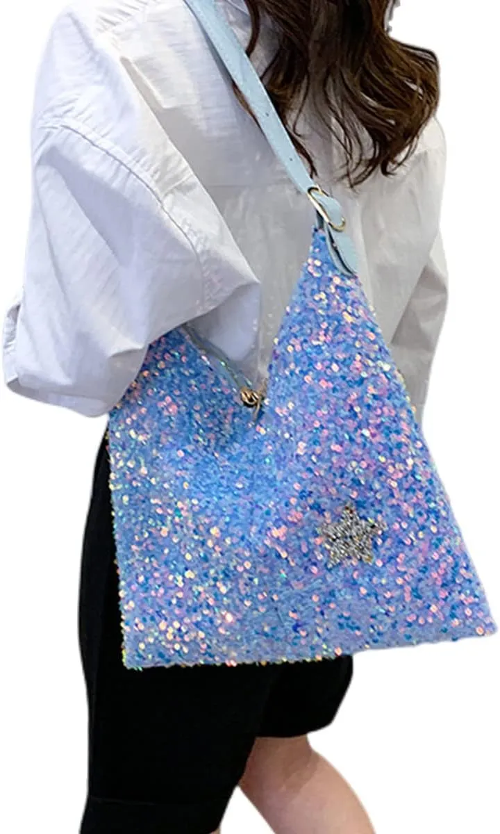 Womens Mermaid Sequins Shoulder Bag Reversible Sequin Handbag Purse Sparkling Tote Shiny Hobo Bag