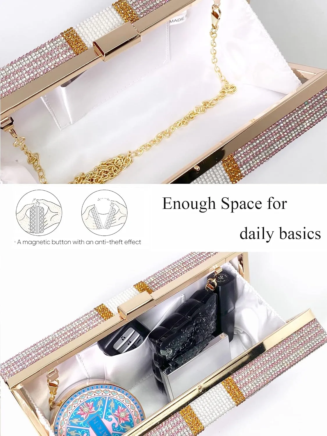 Women's Money Clutch Purse Rhinestone Bling Glitter Evening Handbag Dollar Crossbody Shoulder Bag