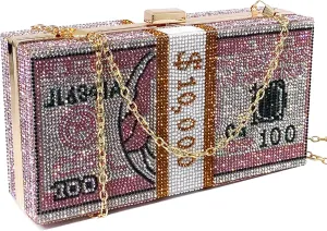 Women's Money Clutch Purse Rhinestone Bling Glitter Evening Handbag Dollar Crossbody Shoulder Bag