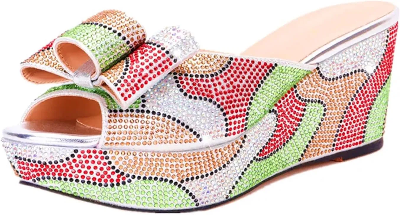 Womens Nigeria Shoes and Bags Set Crystal Wedge Heels Slippers for Birthday Prom Travel Wedding Rhinestone Clutch