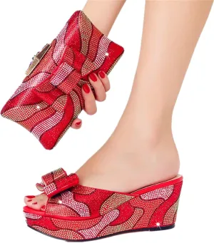 Womens Nigeria Shoes and Bags Set Crystal Wedge Heels Slippers for Birthday Prom Travel Wedding Rhinestone Clutch