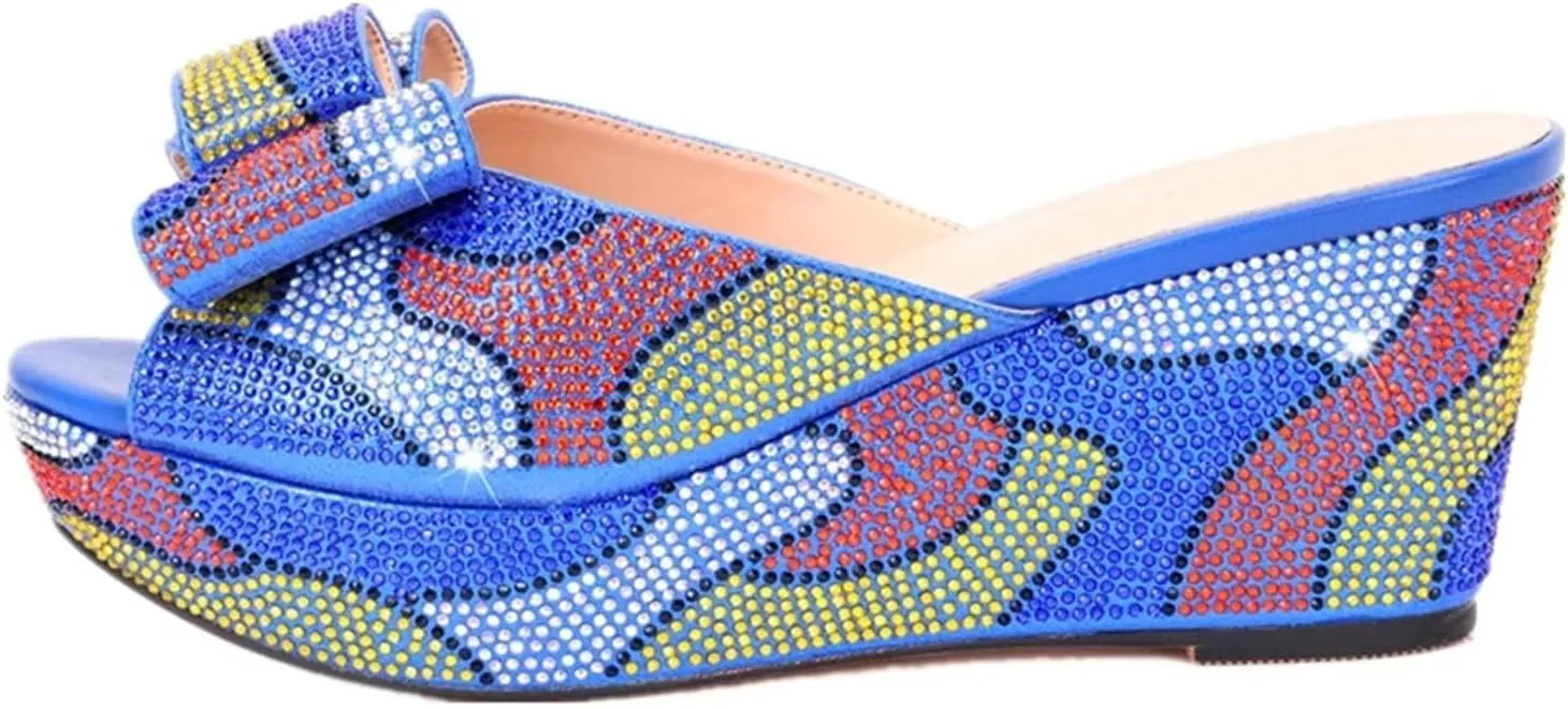 Womens Nigeria Shoes and Bags Set Crystal Wedge Heels Slippers for Birthday Prom Travel Wedding Rhinestone Clutch