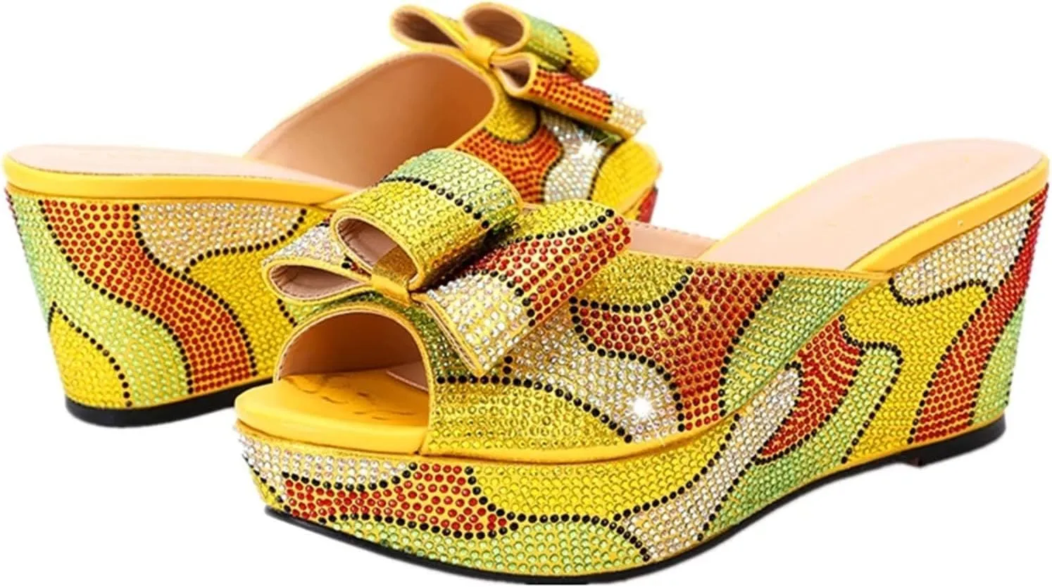 Womens Nigeria Shoes and Bags Set Crystal Wedge Heels Slippers for Birthday Prom Travel Wedding Rhinestone Clutch