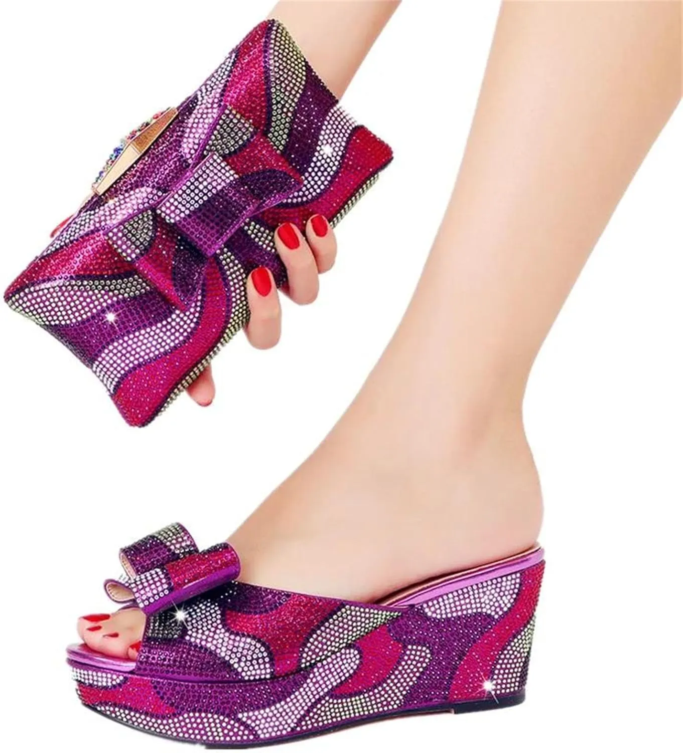 Womens Nigeria Shoes and Bags Set Crystal Wedge Heels Slippers for Birthday Prom Travel Wedding Rhinestone Clutch