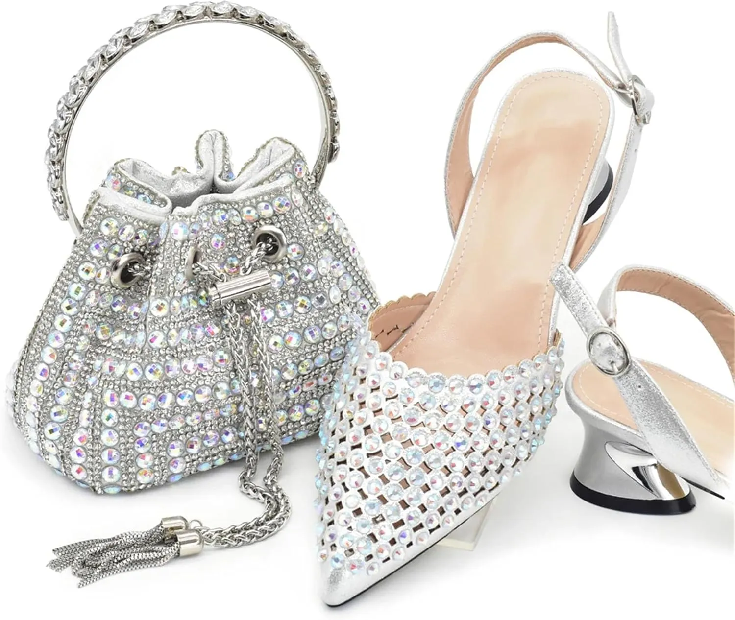 Womens Nigerian Inspired Designer Evening Shoes and Shoulder Bag Combo Rhinestone Accented High Heels for Bride