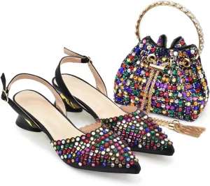 Womens Nigerian Inspired Designer Evening Shoes and Shoulder Bag Combo Rhinestone Accented High Heels for Bride