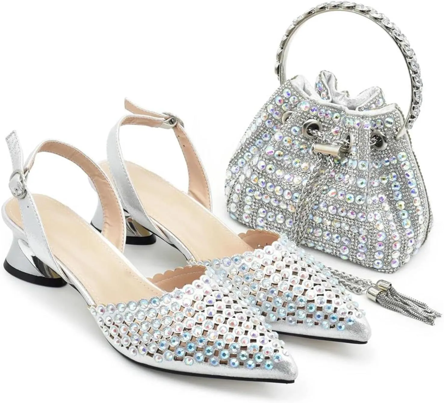 Womens Nigerian Inspired Designer Evening Shoes and Shoulder Bag Combo Rhinestone Accented High Heels for Bride