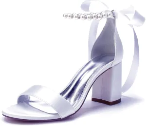 Women's Open Toe Block Low Heel Pearl Satin Chunky Pumps Ankle Strap Wedding Dress Shoes Low Heel Prom Party Sandals