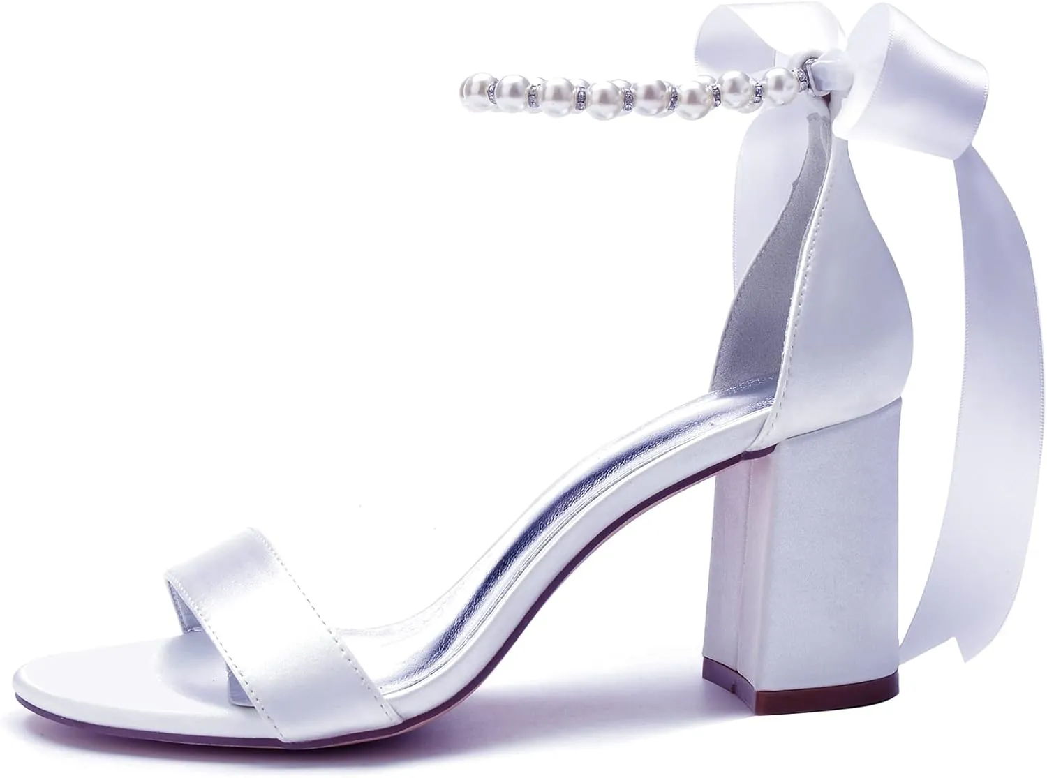 Women's Open Toe Block Low Heel Pearl Satin Chunky Pumps Ankle Strap Wedding Dress Shoes Low Heel Prom Party Sandals
