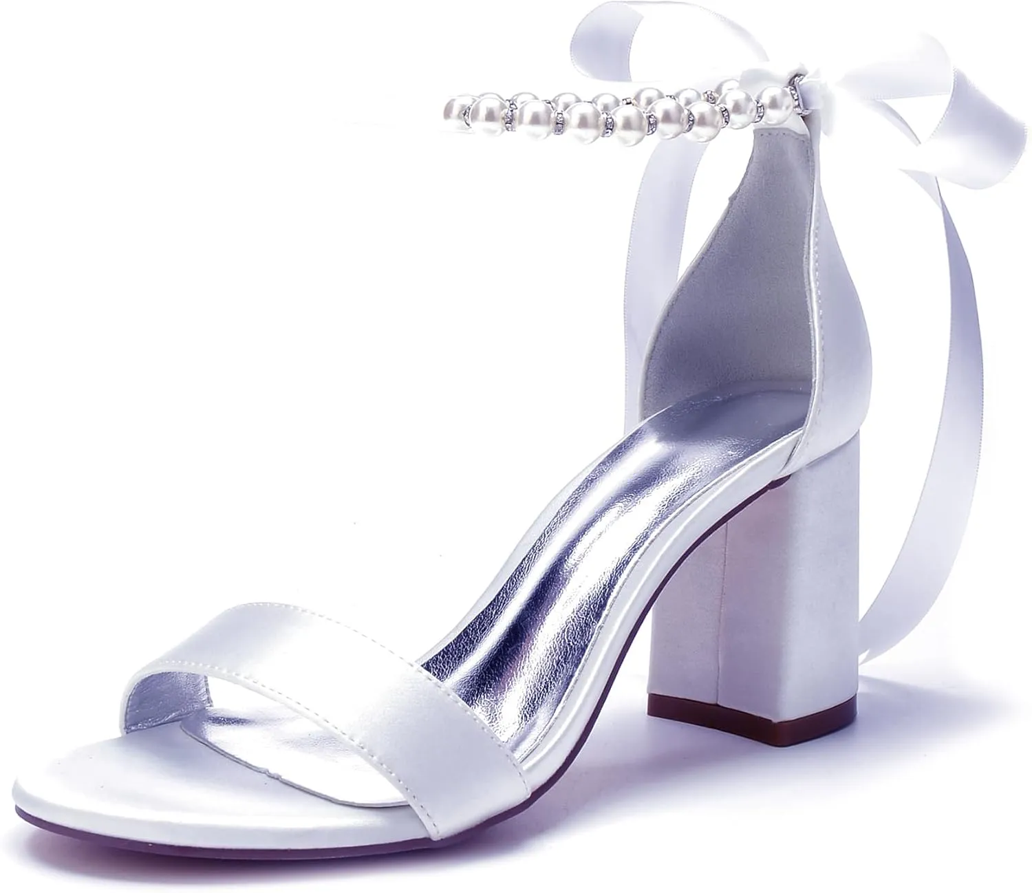 Women's Open Toe Block Low Heel Pearl Satin Chunky Pumps Ankle Strap Wedding Dress Shoes Low Heel Prom Party Sandals