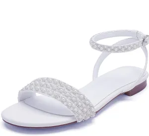 Women's Open Toe Chunky Block Heel Pumps Ankle Buckle Wedding Shoes Pearls Evening Party Dress Shoes Sandals