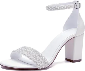 Women's Open Toe Chunky Block Heel Pumps Ankle Buckle Wedding Shoes Pearls Evening Party Dress Shoes Sandals
