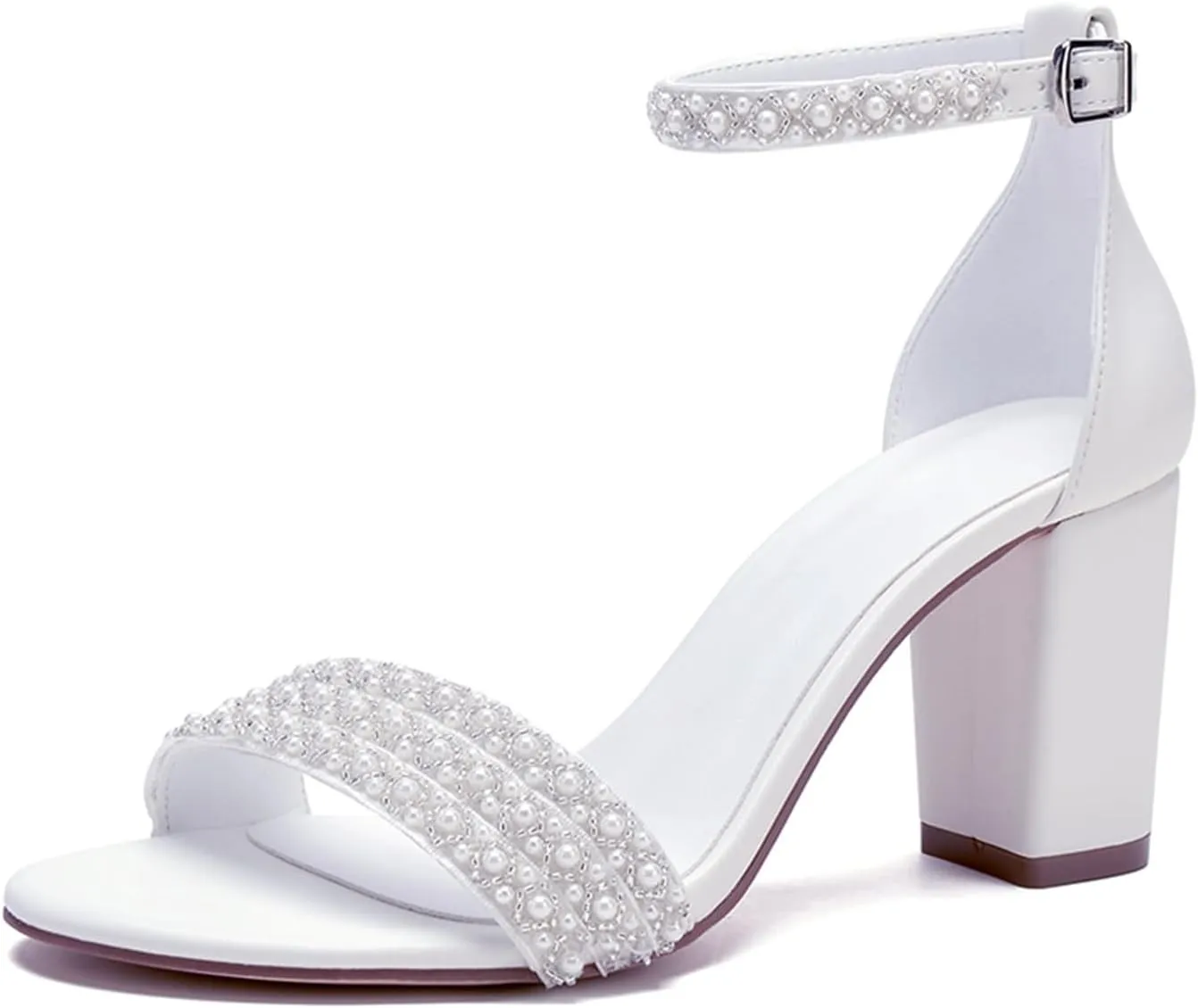 Women's Open Toe Chunky Block Heel Pumps Ankle Buckle Wedding Shoes Pearls Evening Party Dress Shoes Sandals