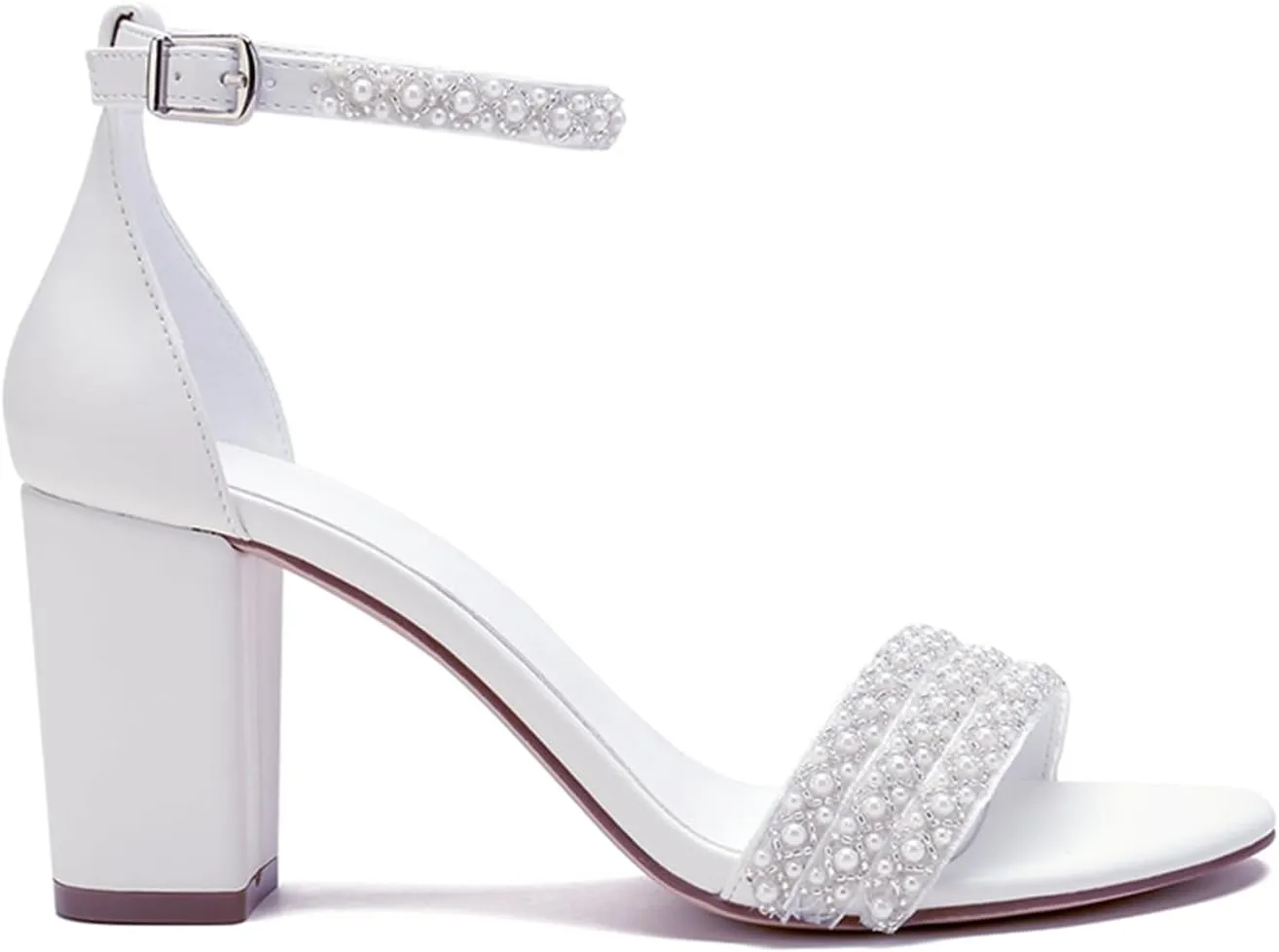 Women's Open Toe Chunky Block Heel Pumps Ankle Buckle Wedding Shoes Pearls Evening Party Dress Shoes Sandals