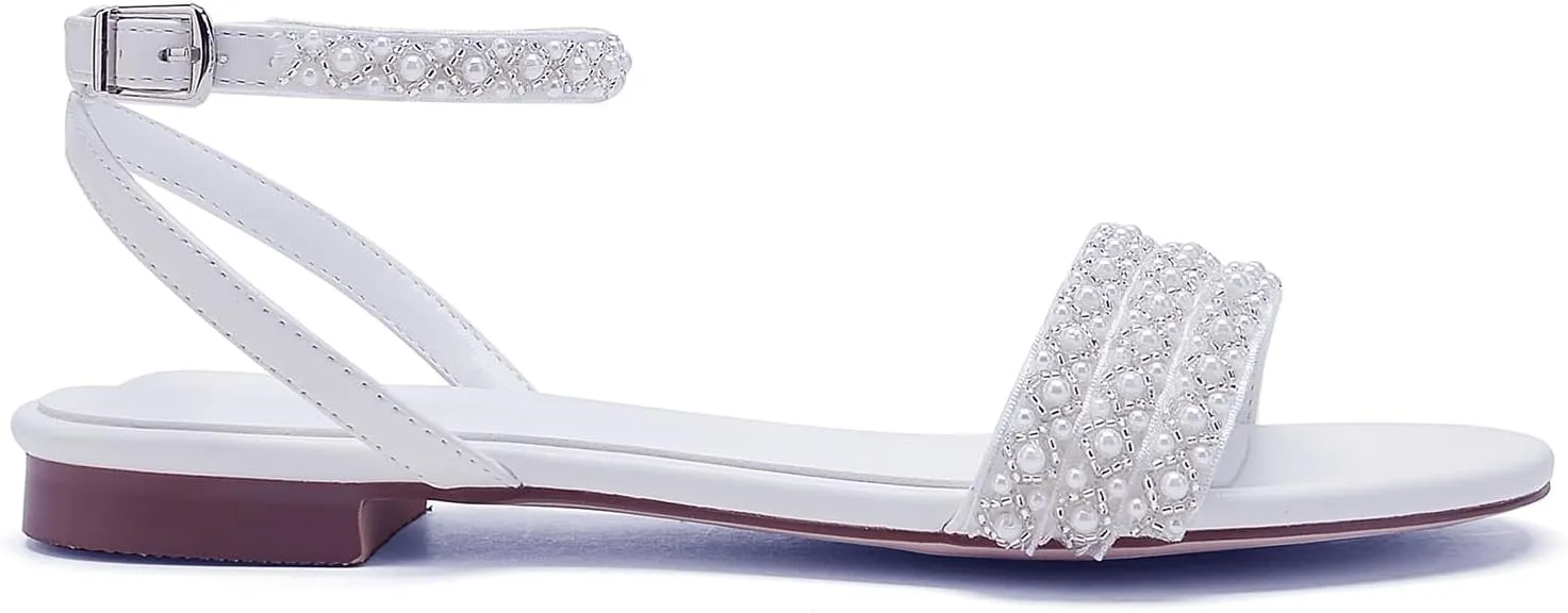Women's Open Toe Chunky Block Heel Pumps Ankle Buckle Wedding Shoes Pearls Evening Party Dress Shoes Sandals