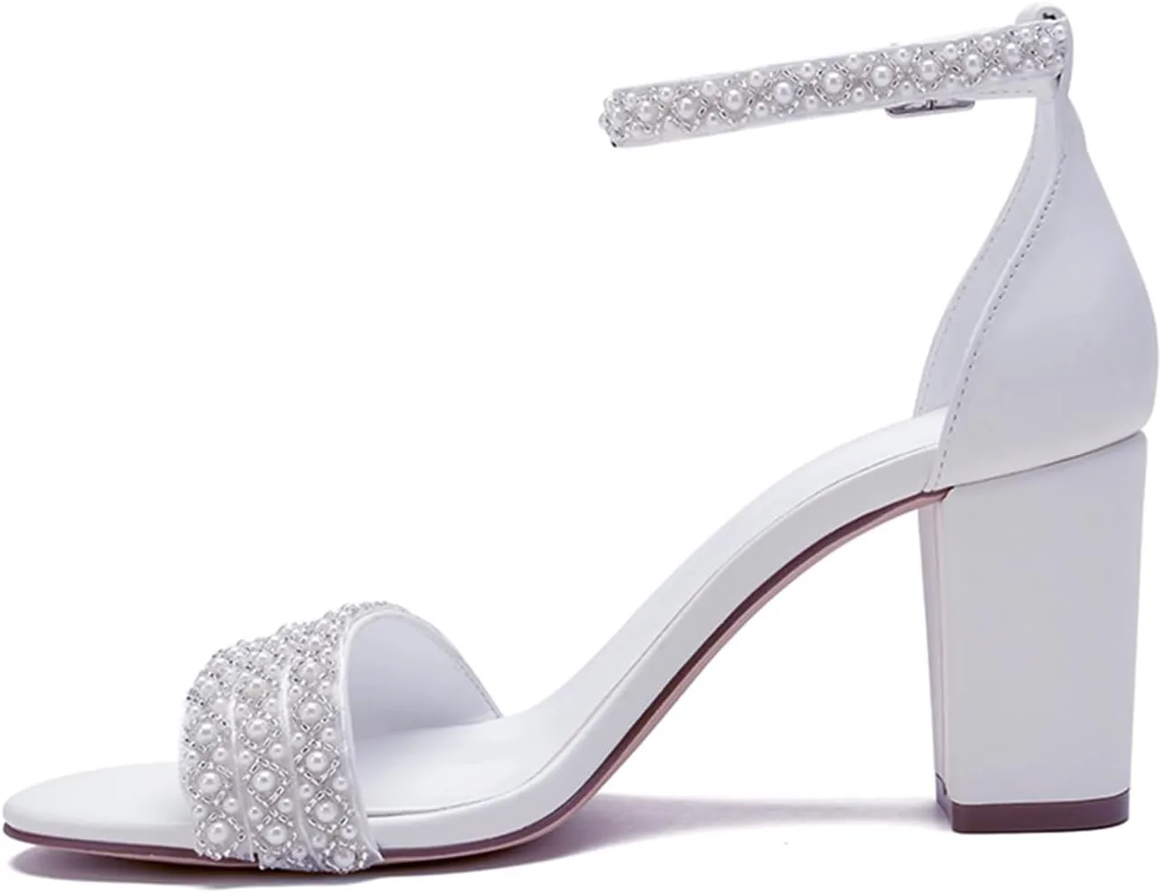 Women's Open Toe Chunky Block Heel Pumps Ankle Buckle Wedding Shoes Pearls Evening Party Dress Shoes Sandals