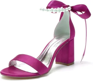 Women's Open Toe High Heels Pearls Satin Round Toe Stiletto Ankle Strap Chunky Heels for Prom Evening Wedding Party Dress Pumps Shoes