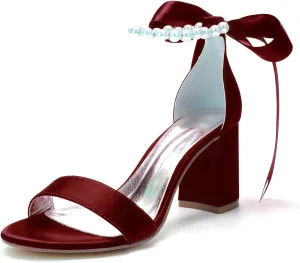 Women's Open Toe High Heels Pearls Satin Round Toe Stiletto Ankle Strap Chunky Heels for Prom Evening Wedding Party Dress Pumps Shoes