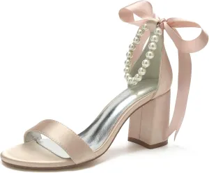 Women's Open Toe High Heels Pearls Satin Round Toe Stiletto Ankle Strap Chunky Heels for Prom Evening Wedding Party Dress Pumps Shoes