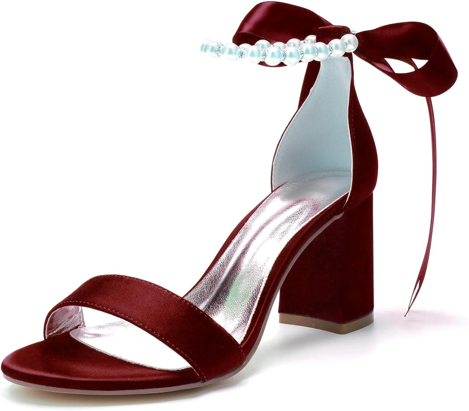 Women's Open Toe High Heels Pearls Satin Round Toe Stiletto Ankle Strap Chunky Heels for Prom Evening Wedding Party Dress Pumps Shoes