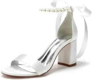 Women's Open Toe High Heels Pearls Satin Round Toe Stiletto Ankle Strap Chunky Heels for Prom Evening Wedding Party Dress Pumps Shoes