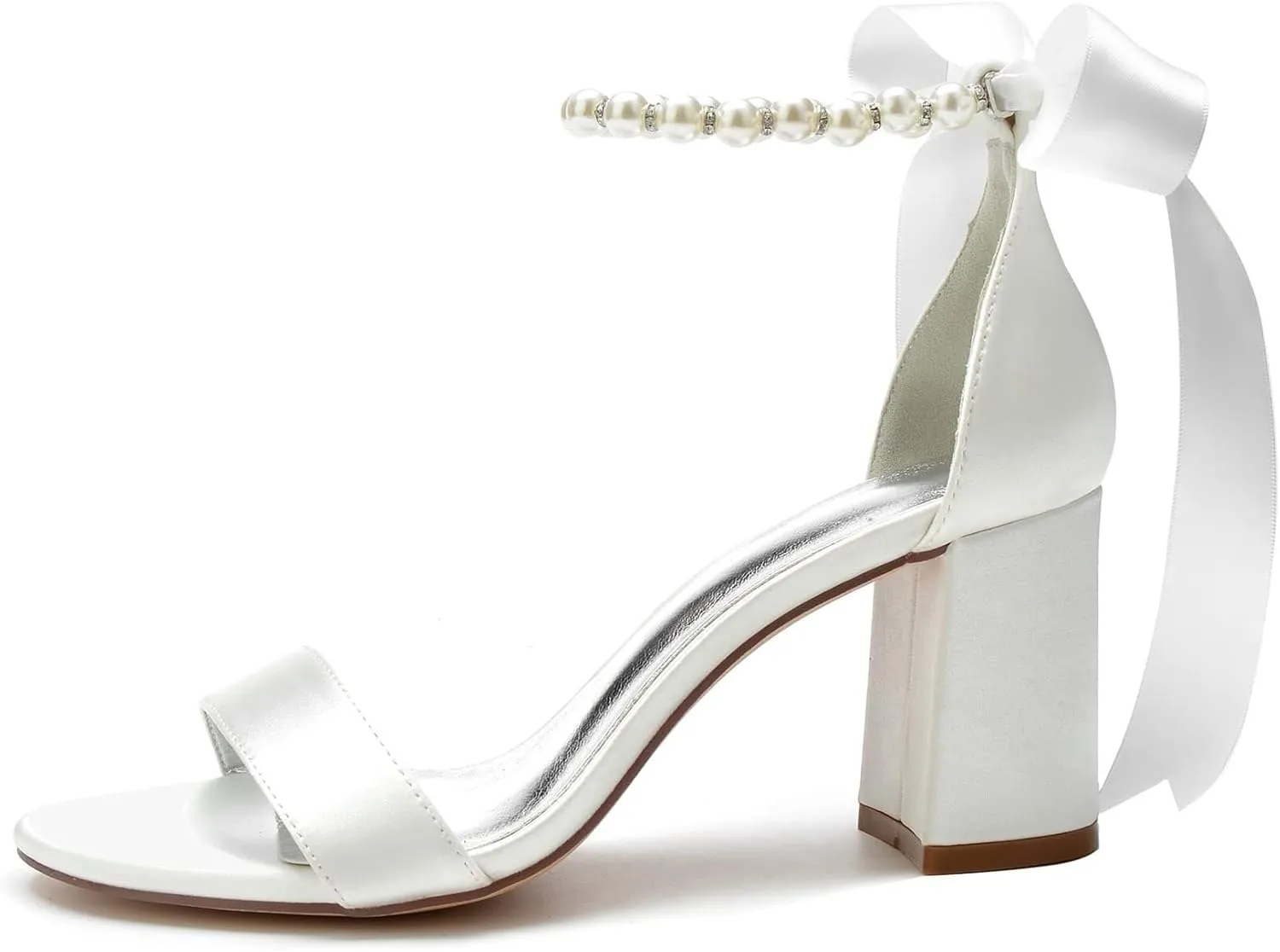 Women's Open Toe High Heels Pearls Satin Round Toe Stiletto Ankle Strap Chunky Heels for Prom Evening Wedding Party Dress Pumps Shoes