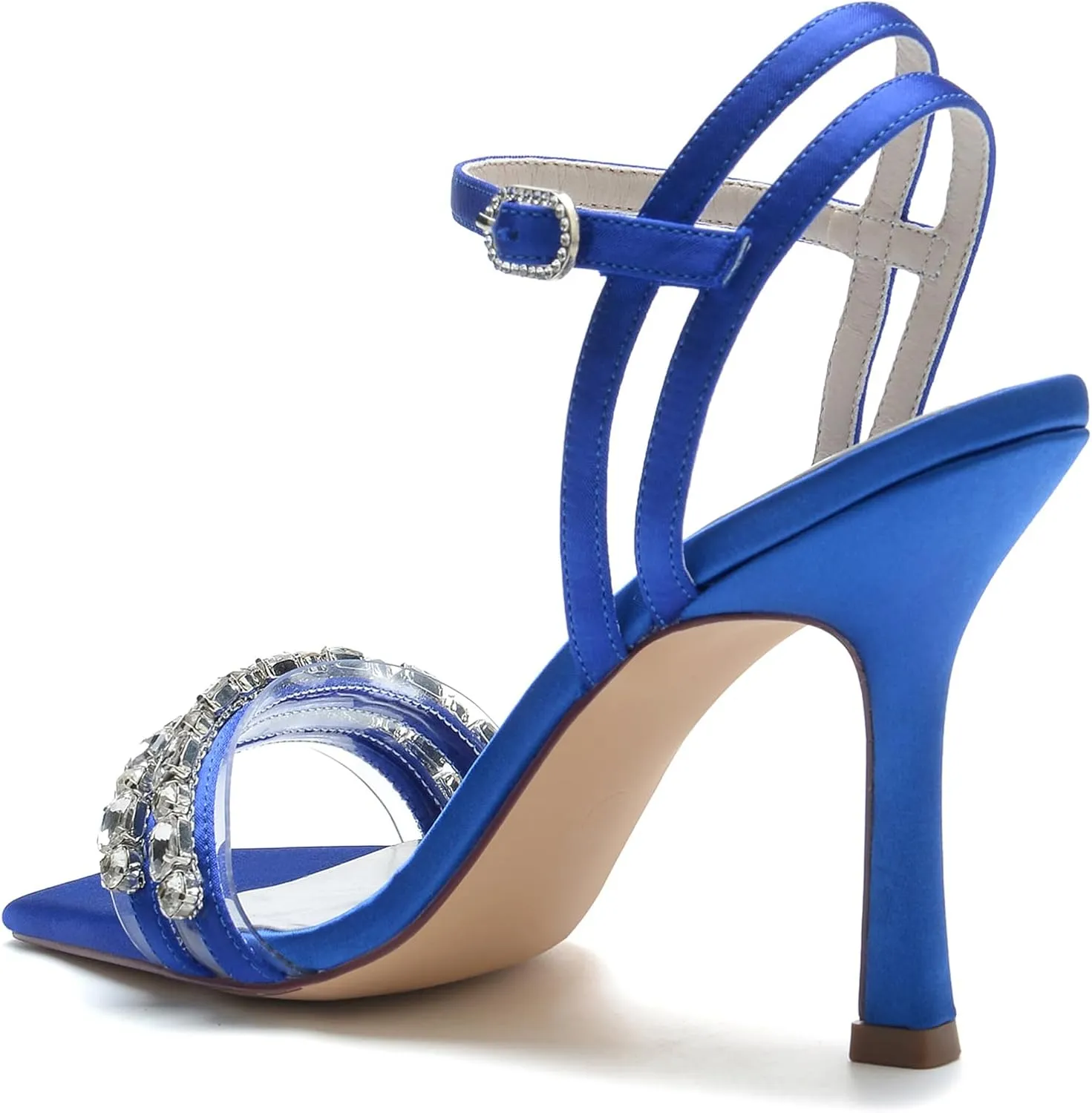 Women's Open Toe Satin Wedding Shoes Slingback Party Pumps Ankle Strap Bridal Rhinestone Shoes Stiletto Heels Sandals