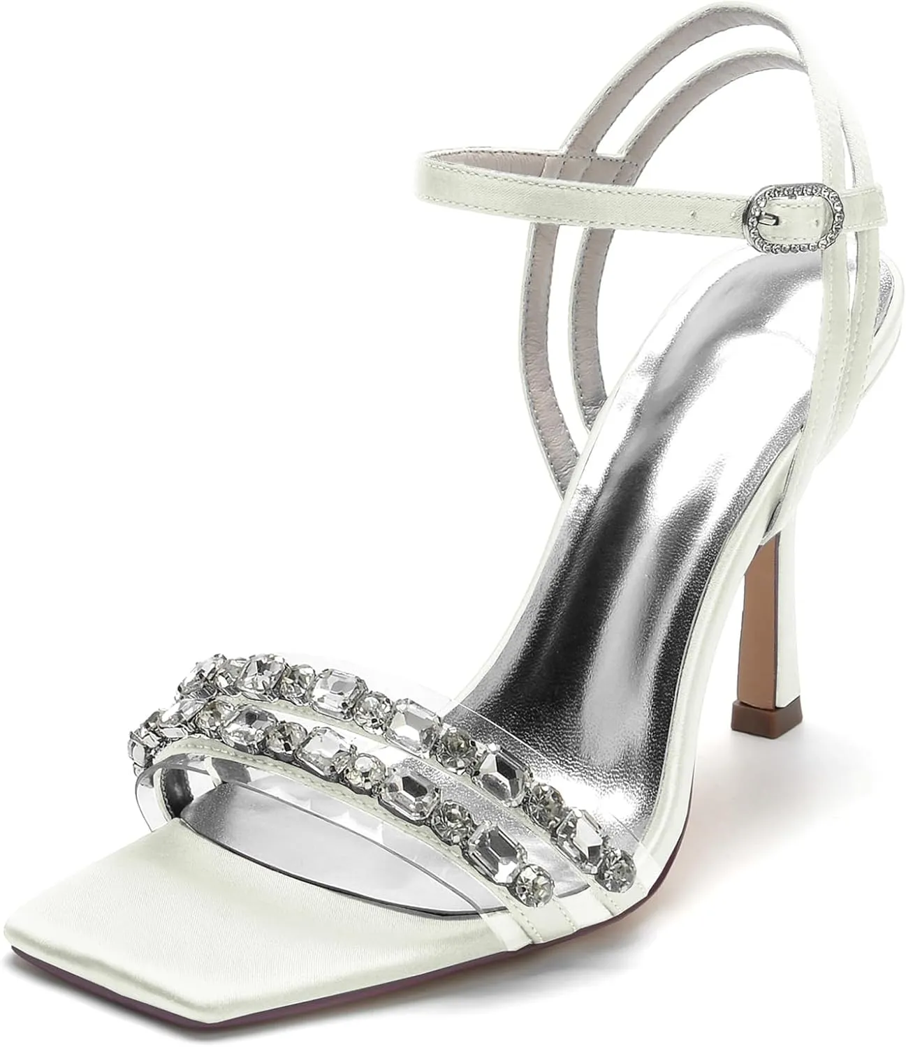 Women's Open Toe Satin Wedding Shoes Slingback Party Pumps Ankle Strap Bridal Rhinestone Shoes Stiletto Heels Sandals