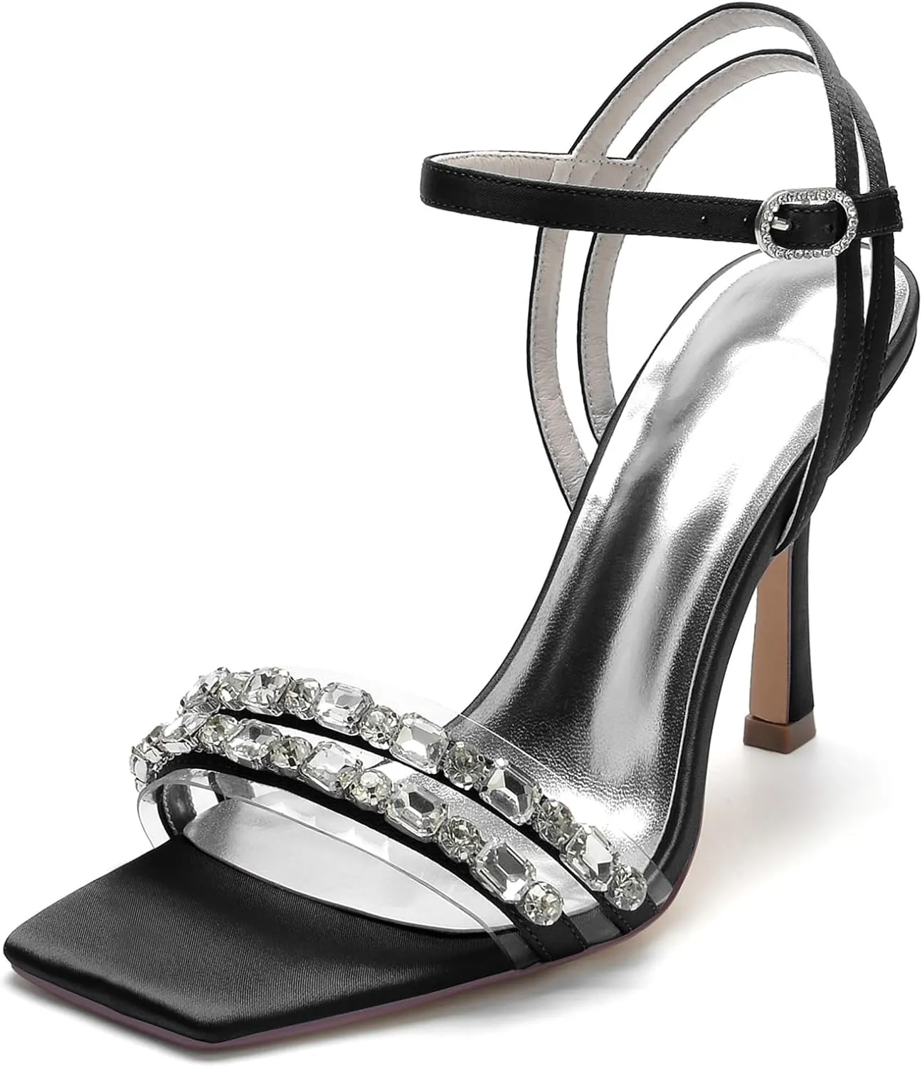 Women's Open Toe Satin Wedding Shoes Slingback Party Pumps Ankle Strap Bridal Rhinestone Shoes Stiletto Heels Sandals