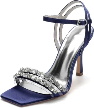 Women's Open Toe Satin Wedding Shoes Slingback Party Pumps Ankle Strap Bridal Rhinestone Shoes Stiletto Heels Sandals