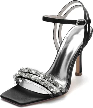 Women's Open Toe Satin Wedding Shoes Slingback Party Pumps Ankle Strap Bridal Rhinestone Shoes Stiletto Heels Sandals