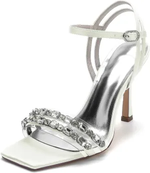 Women's Open Toe Satin Wedding Shoes Slingback Party Pumps Ankle Strap Bridal Rhinestone Shoes Stiletto Heels Sandals